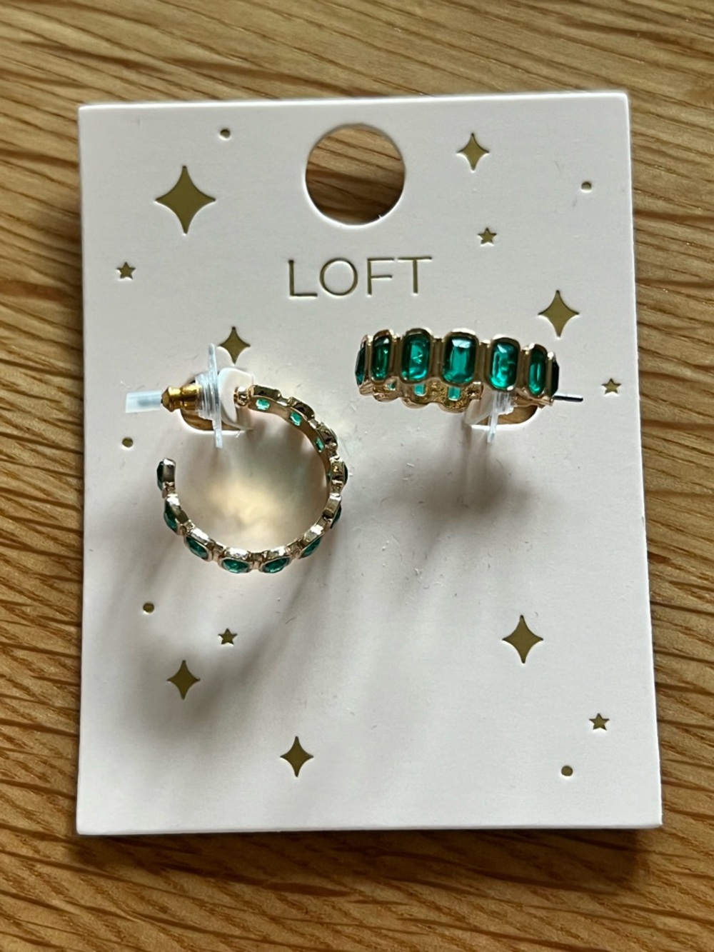 LOFT Gold-Tone Hoop Earrings with Emerald Green Stones